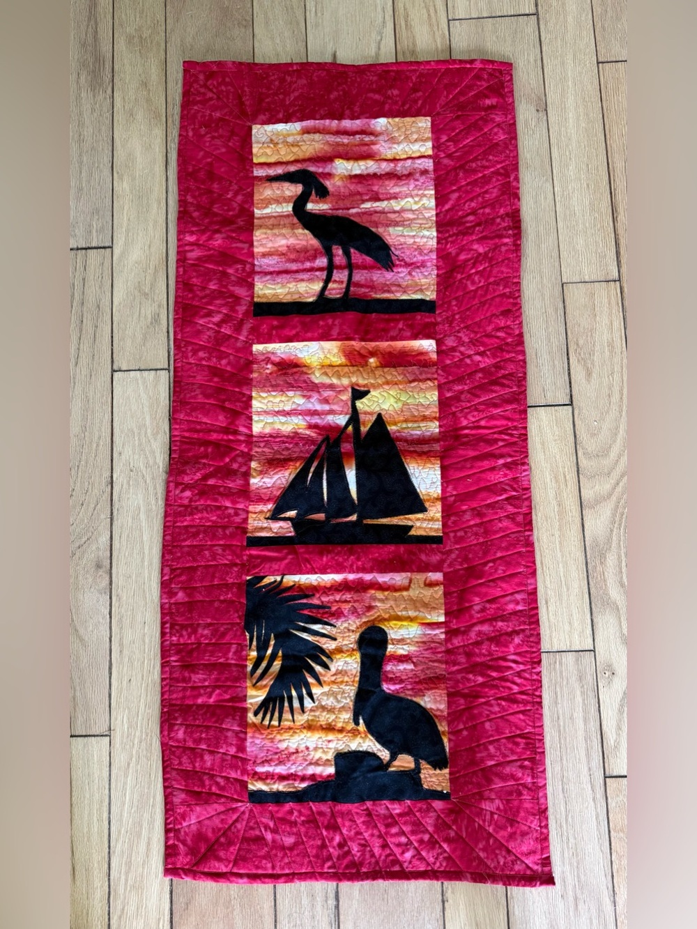 Handmade Quilted Coastal Sunset Wall Hanging Silhouette Art Quilt Heron Sailboat